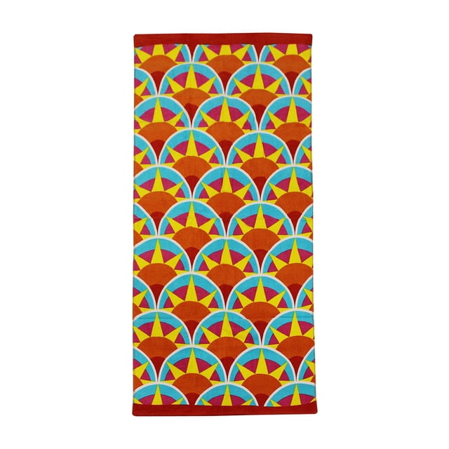 Mainstays Serviette de Plage Imprimée Mesurant 28 par 60 Pouces avec un Motif Géométrique Coloré de Rafale de Soleil en orange, Jaune, Bleu et magenta, Faite de Doux 100 % Coton avec Côtés en Velours et Éponge, Convient pour Sécher Ou Enrouler Lors des Journées Fraîches à la Plage.