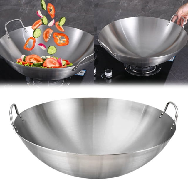 Wok à Double Poignée, Wok en Acier Inoxydable Poli, Wok à Fond Rond avec 2 Poignées en Boucle, Wok à Fond Rond en Acier Inoxydable pour Cuisine Maison Restaurant, 11,0 Pouces (Gris)