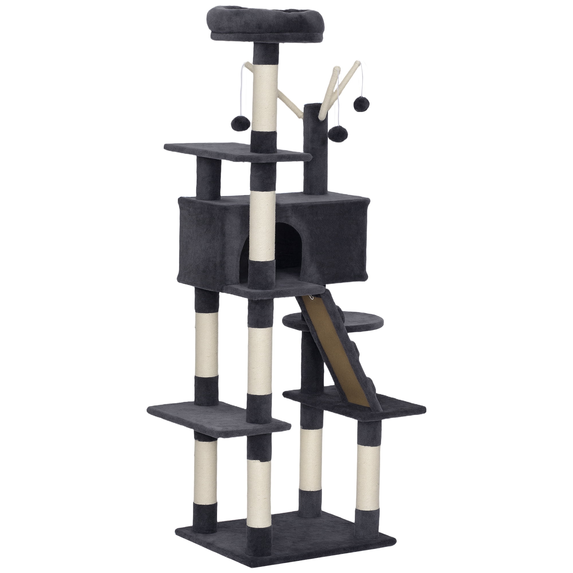 CoSoTower 59 Inch Large Cat Tree with Sisal Scratching Posts, Cozy Condo, Top Perch, Ladder and Interactive Balls, Dark Grey