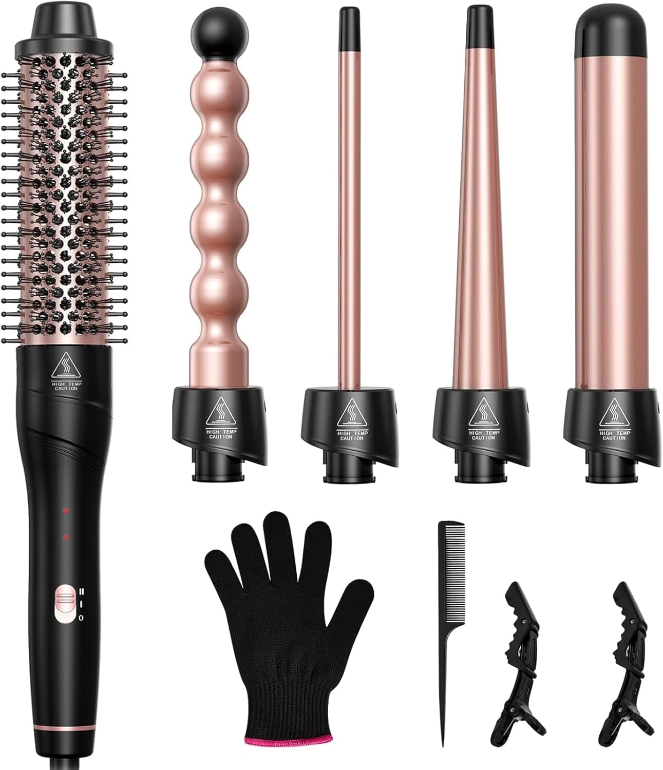 5-in-1 Curling Iron Wand Set with Interchangeable Barrels & Hot Air Brush, Professional Ceramic Hair Styler Kit for All Hair Types, Includes Heat Protectant Glove & Clips