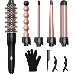 5-in-1 Set de baguette en fer de curling avec barres interchangeables & Chaud Air Brosse, Kit professionnel de styleur de cheveux en céramique pour tous les types de cheveux, comprend Gants protecteurs de la chaleur & Clips