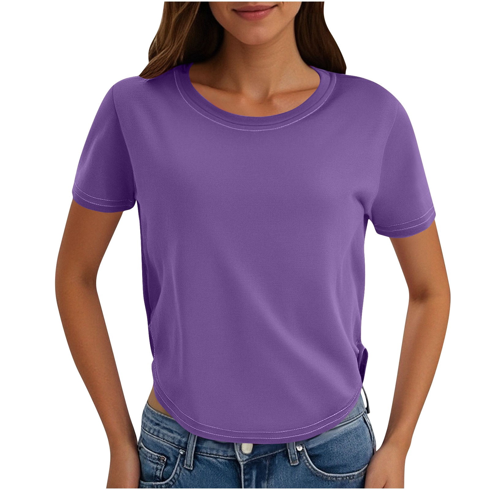Yuyuzo Crop Tops for Women Short Sleeve Shirts Round Neck Going out Tops Solid Color Tees Tops