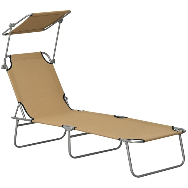 Outsunny Chaise Longue d'Extérieur, Chaise Longue Pliante Réglable, Brun une Chaise Centrée, Vue Orientée vers l'Avant d'Une Chaise Pliante avec Tissu oxford Brun (300D et 600D) Tendue sur un Cadre Tubulaire en Acier, Auvent Pare-Soleil Détachable et Ajustable, Dossier à Quatre Positions et Profil Pliable Léger; Longueur Entièrement Inclinée 73.6 Pouces (187 cm), Convient au patio, au Bord de la Piscine Ou au camping et Est Souvent Utilisée comme Chaise Longue de camping portable.
