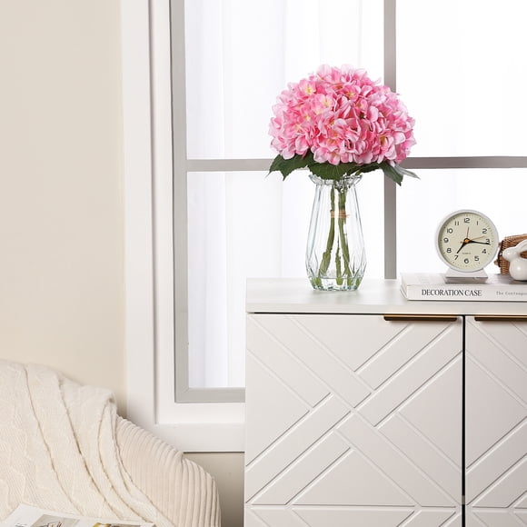 Arrangement Artificiel d'Hortensias en 5 Pcs dans un Vase en Verre, Fleurs Roses en Soie Résistantes à la Décoloration avec Faux Eau pour Centres de Table et Déco Maison