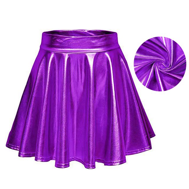 Shiny Flared Pleated Skirt, Solid Color Mini Polyester Fiber Metallic Glossy Skirt Fashionable For Performance Black,Red,Golden,Purplish Red,Purple,Silver