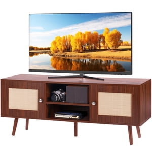 VEVOR Rattan TV Stand for 55" TV Entertainment Center with Rattan Door Walnut