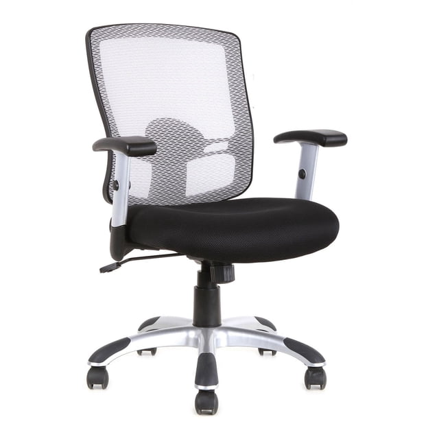TygerClaw Mid Back Mesh Office Chair with black breathable mesh backrest and built-in lumbar support, padded black fabric seat, adjustable armrests with grey polypropylene and polyurethane padding, pneumatic seat height adjustment, tilt tension control, and silver nylon five-star base with dual-wheel casters for smooth 360-degree swivel, suitable for ergonomic office and workstation use.