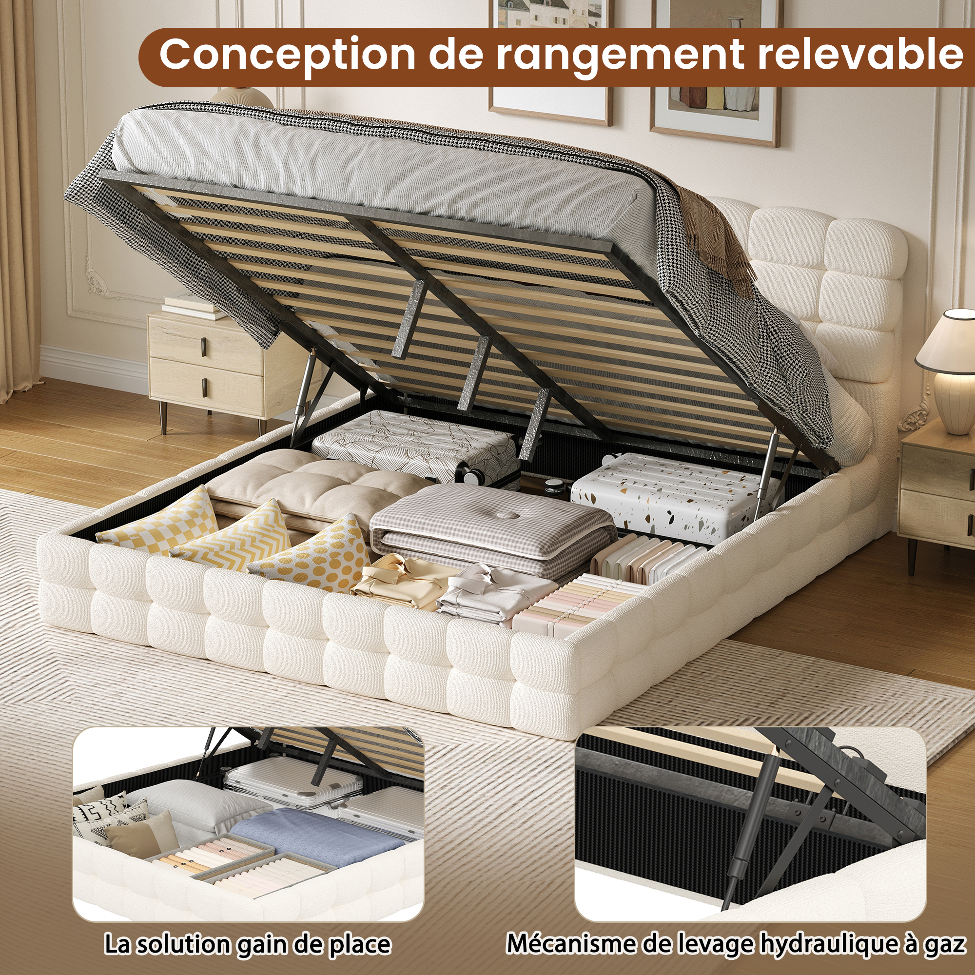 Noble House Cadre de Lit Grand avec Rangement avec Levage et Rangement Hydraulique, Lit Plateforme en Bouclé avec Tête de Lit Capitonnée et Lattes de Bois, Blanc Crème