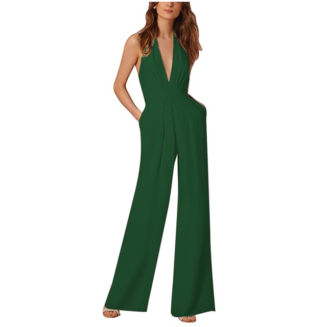 EQWLJWE Pantalon pour Femmes Combinaison Ample Aguichant Sans Manches à Col Suspendu avec Poche, Couleur Unie pour Femmes
