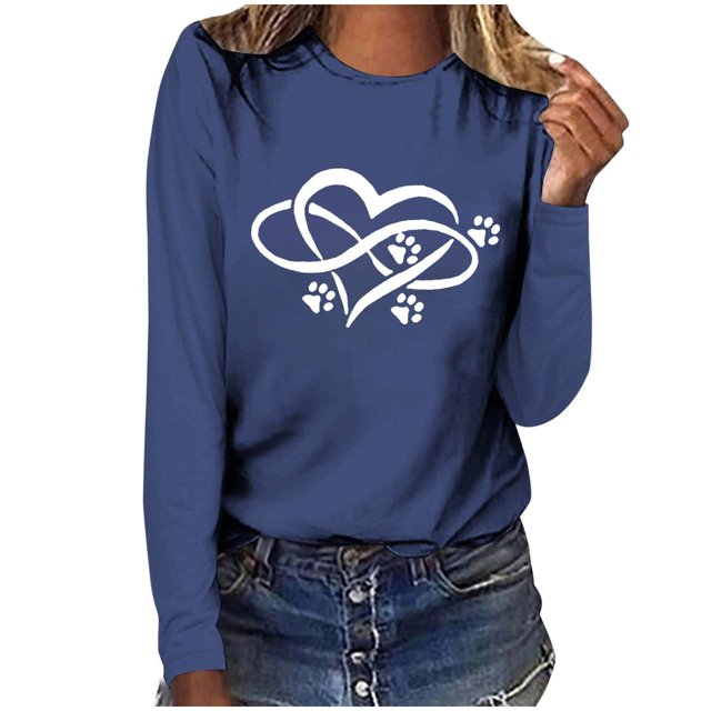 Pisexur Hauts pour Femmes Mode d'Automne T-Shirt à Imprimé Graphique Cœur Col Rond Manches Longues Chemises pour Femmes Chic Décontracté Hauts de Sortie Confort Polyvalent Blouses Légères