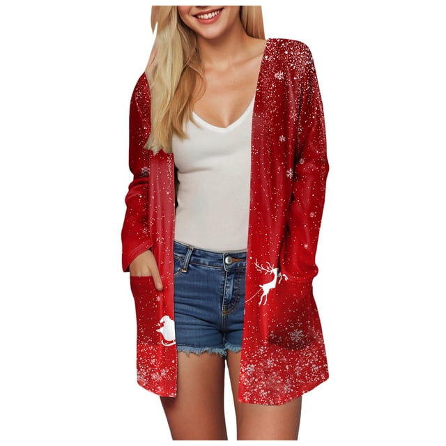 WUANDIXFA Cardigan pour Femmes, Chandails pour Femmes, Imprimé de Noël, Cardigan à Poches, Manches Longues, Longueur Midi, Cardigan Décontracté, Rouge, 2TG