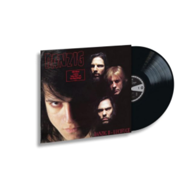 DANZIG - DANZIG II - LUCIFUGE (Vinyle Exclusif D2C) Pochette d'Album Présentant une Oeuvre Gothique Sombre avec Texte Rouge, Accompagnée d'Un Disque Vinyle Noir Partiellement visible à Droite.