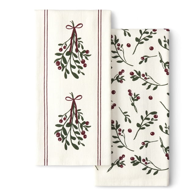 Holiday Time Cranberry Spice Collection Sprig 2-Pack Kitchen Linen Set, Red, 16" x 26"