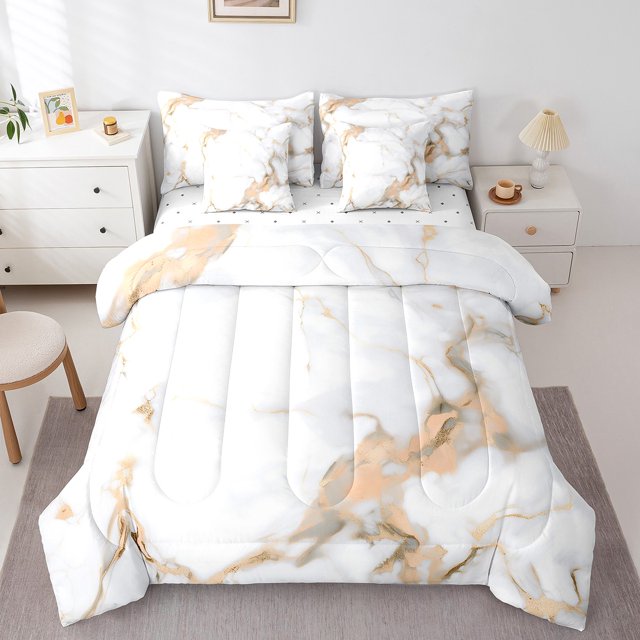 YST White Marble 7-Piece Comforter Set, Light Grey Bedding, Abstract Marbling, Full