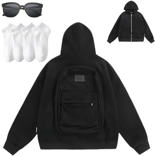 Sac à Dos à Capuchon - Sac à Dos à Capuchon par Onerazy en Noir, Taille M. Ce design Innovant 2-en-1 Combine un Chandail à Capuchon avec un Sac à Dos Intégré Comprenant un Compartiment Principal de Grande Capacité et une Poche à Fermeture Éclair avant pour Ranger des Essentiels comme des Téléphones, des Portefeuilles et des Bouteilles d'Eau. Fabriqué en Tissu Doux et Respirant avec un Intérieur Brossé, Il Convient au Printemps, à l'Automne et à un Hiver Doux. Sa Coupe Ample et Son design Minimaliste le Rend Polyvalent pour les Sorties Décontractées, les Voyages Ou l'Usage Quotidien. Comprend des Lunettes de Soleil et Deux Paires de Chaussettes