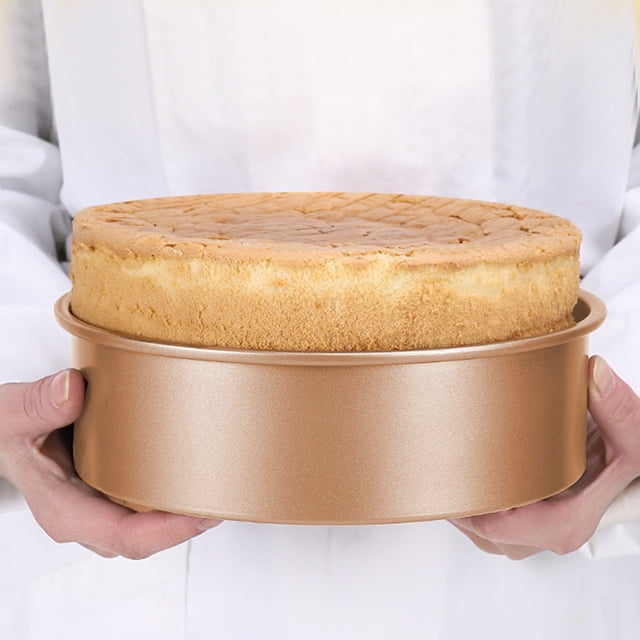 Dvkptbk Cake Moulds Factory Direct Cake Baking Pan made of metal with a non-stick coating, shown in a round shape with a golden finish. The pan measures 16x16x6.5cm (6.3x6.3x2.56in) and is displayed holding a freshly baked cake. Ideal for DIY baking projects, family gatherings, or birthday parties. Lightweight and durable, it ensures even heat distribution for consistent baking results.