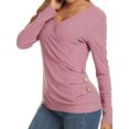 thumbnail image 3 of Women Wrap Front Side Buttons Long Sleeve V Neck Plain Shirt, 3 of 5