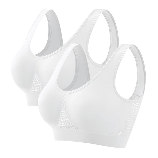 Xfvqtps 2PC Large Size Sports Bras for Women Mesh Hollow out Wireless Standard Strap Solid Color Elastic Pullover Comfortable Breathable Yoga Bra White*2