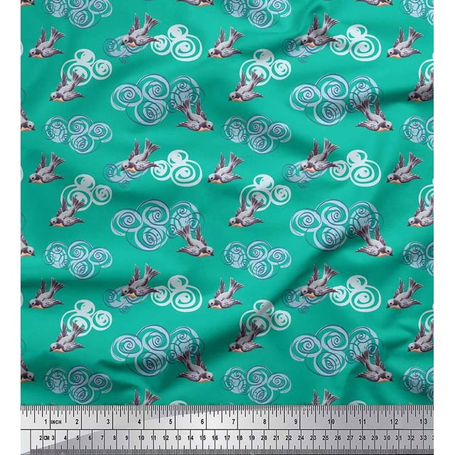 Soimoi Poly Georgette Fabric Clouds & Bullfinch Bird Fabric Prints by Yard 42 Inch Wide