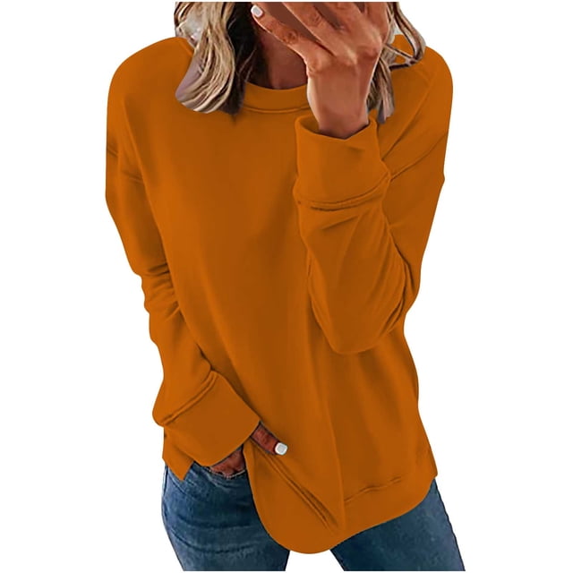 CEHVOM Chandails Décontractés à Manches Longues pour Femmes, Couleur Unie, Col Rond, Chandail Molletonné à Enfiler, Tuniques Amples, Teinte orange Vibrante. Ce Haut pour Femme Présente une Coupe Décontractée, des Manches Longues et une Encolure Ronde, Fabriqué en polyester. Idéal pour une Tenue Décontractée, Style jeans Bleus pour un Style Décontracté.