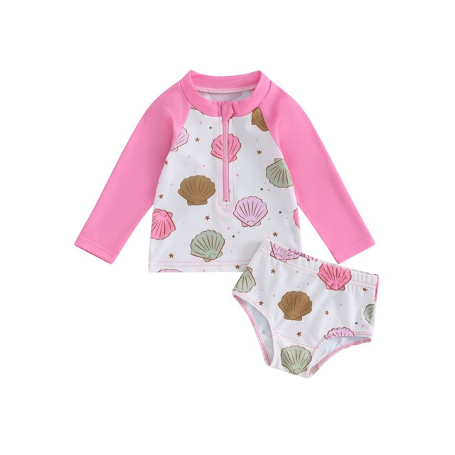Gupgi Summer Kid Girls Swimsuit 2 Piece Quick Dry Rash Guard Set 0-5Y Long Sleeve Shell Print Patchwork Zipper Tops Bottoms