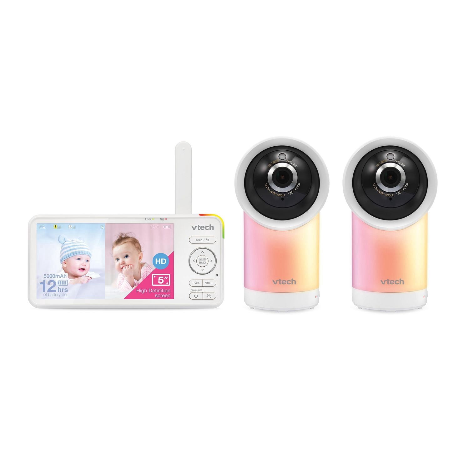 VTech RM5766-2HD, 2 Camera 1080p Smart WiFi Remote Access 360 Degree Pan & Tilt Video Baby Monitor with 5” High Definition 720p Display, Night Light, White