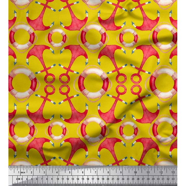 Soimoi Yellow polyester Crepe Fabric Life Ring & Anchor Hook Nautical Decor Fabric Printed Yard 42 Inch Wide