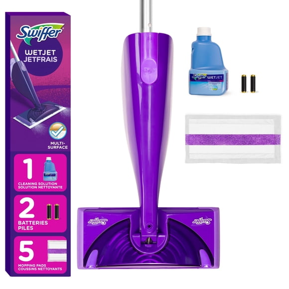 Balai vaporisateur Swiffer JetFrais pour les planchers en bois, ensemble de départ pour système de lavage tout-en-un, comprend : 1 JetFrais, 5 coussins, solution nettoyante et piles