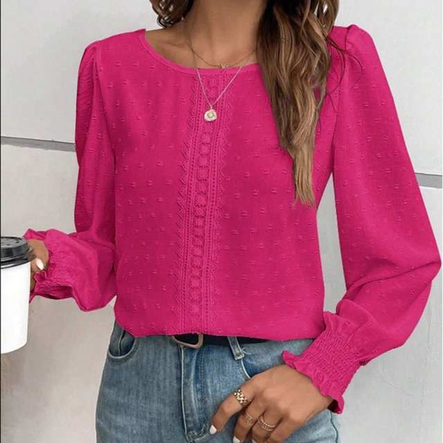RXIRUCGD Haut/chemise Décontracté pour Femmes Couleur Unie Patchwork en Dentelle Manches Longues Col Rond, Rouge, Taille : S