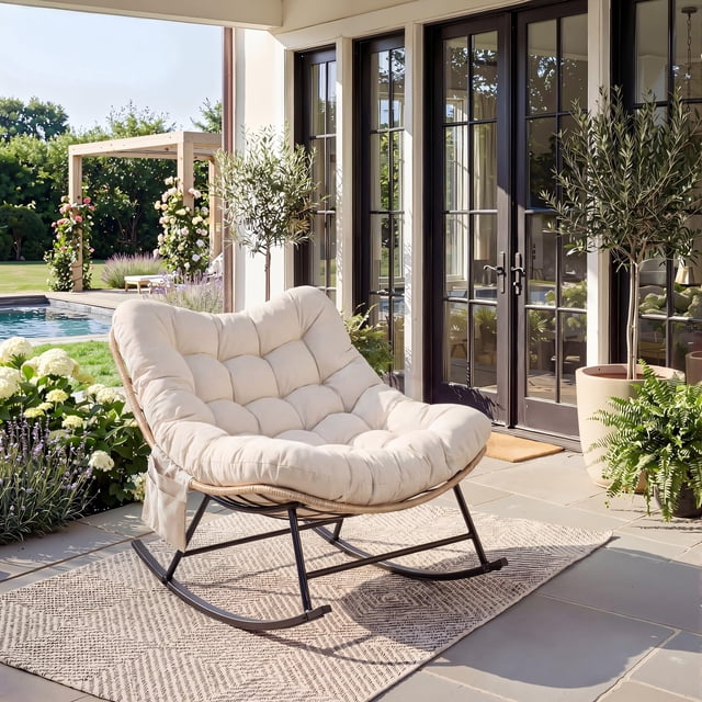 Indoor Outdoor Patio Rocking Glider Chair – 450 lbs Capacity – Weather-Resistant Rattan, UV-Proof Cushion & soft Toy Fleece Upholstery – Sturdy Rubber Wood & Reinforced Steel Frame