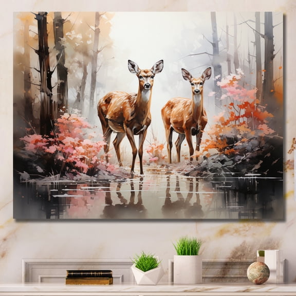 Designart Décoration Murale Grand Format avec Cerf, art Mural Animal Cerf, Cerfs Bois I, Toile Moderne Brune, 20x12 Pouces
