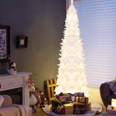 Gymax Arbre de Noël Mince en Forme de Crayon de 7 Pieds Pré-Illuminé, Arbre Entièrement Artificiel avec Lumières DEL
