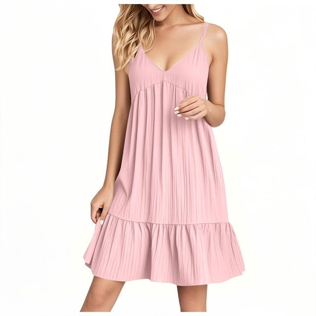 Kyusrd Robes d'Été à Bretelles pour Femmes 2025 Sans Manches à Col en V Mini Robe Chemise Décontractée Taille Haute Plissée Bohème à Volants Ligne A Robes d'Été