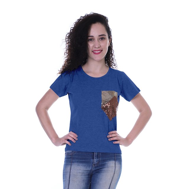 Moomaya T-shirt à Col Rond pour Femmes à Manches Courtes avec Poche Appliquée à Paillettes - SX