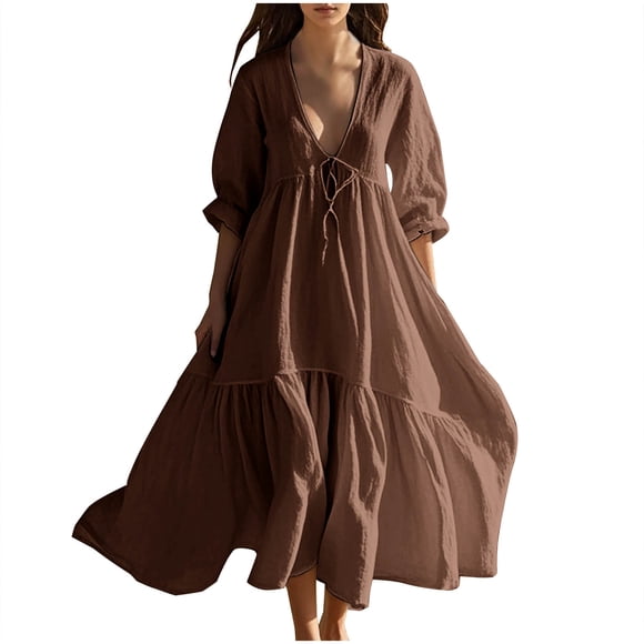 Ohufall Cotton Linen Dresses for Women Summer Fall V Neck Tie Flowy Thin Casual Dress 3/4 Sleeves Solid Lightweight Comfy Long Dress