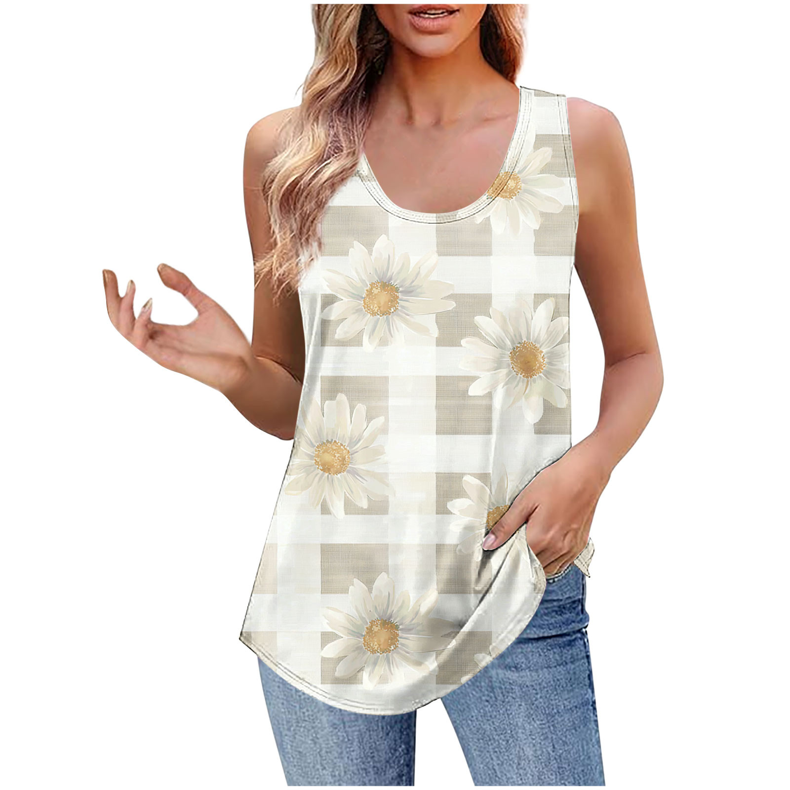 UPPADA Camisoles Mignonnes pour Femmes Tendance Col Rond à Fleurs Hauts d'Été Sans Manches Blouses Chic Décontracté Camisoles Graphiques Beige,2TG
