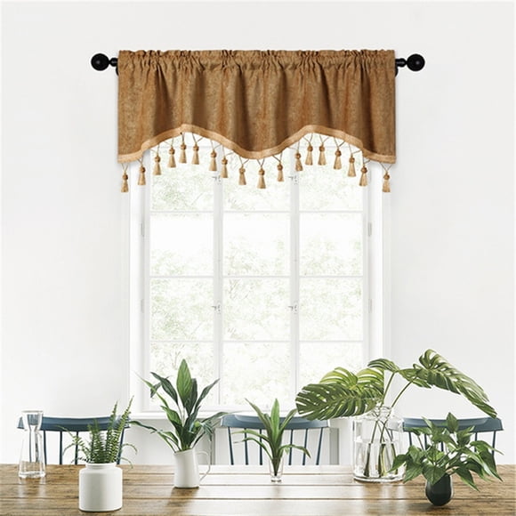 Fringed Window Curtains with Tassels | Patterned Rod Pocket Short Drapes | Decorative Valance for Kitchen Living Room | Polyester Window Treatment for Home Decor