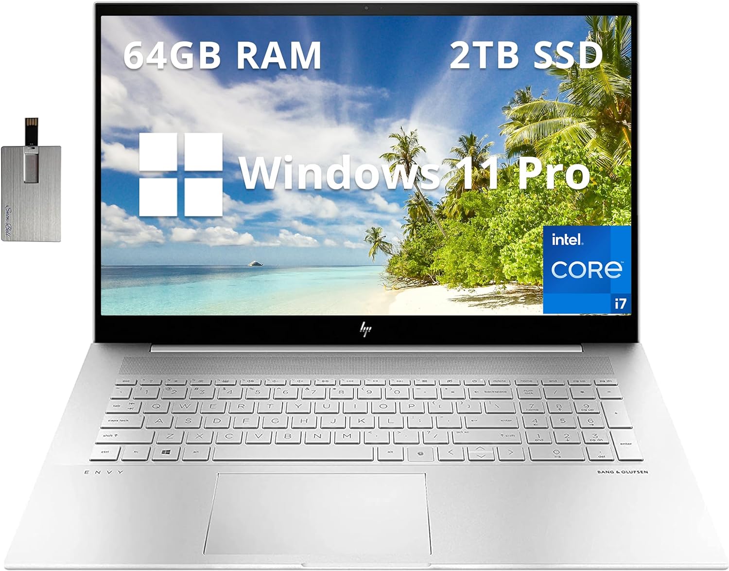 HP Envy 17.3" FHD Laptop, Intel Core i7-1260P, 64GB RAM, 2TB SSD, Backlit Keyboard, Intel Iris Xe Graphics, Fingerprint Reader, Webcam, Windows 11 Pro, Silver, 32GB Hotface USB Card (Renewed)