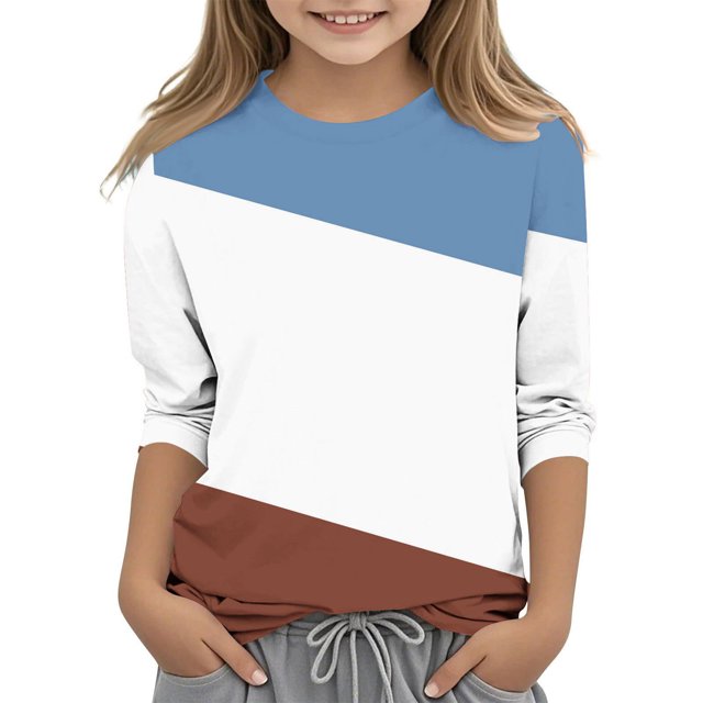 MeetoTime T-Shirt à Manches 3/4 Rayé Imprimé pour Enfants Col Rond Décontracté Ample Blouses pour Garçons Filles 3-12 Ans