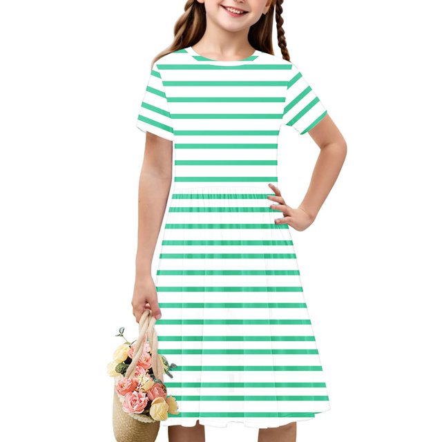Soldes de Liquidation Aujourd'hui Offres Iumwxz Robe Décontractée Trapèze Robe Tunique pour Adolescentes Robes Col Rond à Rayures Graphique Robe à Manches Courtes pour Enfants Robes Sport pour Vacances 4-14a