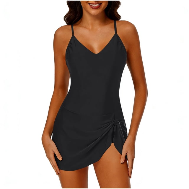 Women's Tummy Control Swim Dress, Crewneck Color Block Mesh Patchwork One Piece Skirted Slim Fit Modest Bathing Suit,Black,XL