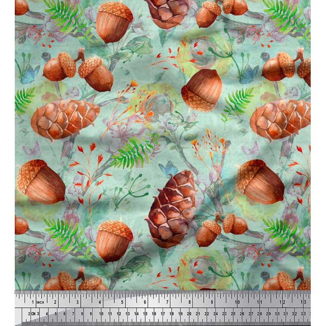 Soimoi Green polyester Georgette Fabric Apricot, & Oaknut Fruits Print Fabric by Yard 42 Inch Wide