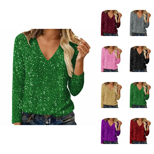 Hauts à Paillettes pour Femmes 2026 Mode de Printemps Manches Longues Col en V T-Shirts Décontractés à Paillettes Haut de Sortie Tenue de Rave