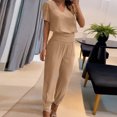 thumbnail image 2 of Mikilon Ensemble Stylé pour Femmes 2 Pcs Mode Col Rond Couleur Unie T-Shirt à Manches Courtes + Pantalon Ample à Poches Ensemble Kaki TP, 2 of 6