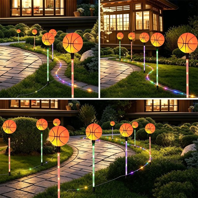 Ballon de Sport Solar Lampe de Sol - Guirlande Décorative d'Extérieur pour Jardin, 8 Modes Allumage/extinction Automatiques, Piquet de Sentier Résistant aux Intempéries, Éclairage de Pelouse, Orange, JKODE