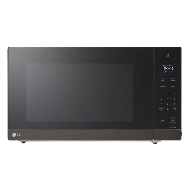 LG 2.0 cu. ft. NeoChef™ countertop microwave in black with a large dark glass door and brushed metal base. Features a digital LED display and SmoothTouch™ glass controls including sensor cook, reheat, popcorn, defrost, numeric keypad, power level, and timer. Equipped with EasyClean® interior and Smart Inverter technology for efficient cooking. Suitable for compact kitchens and small appliance setups.