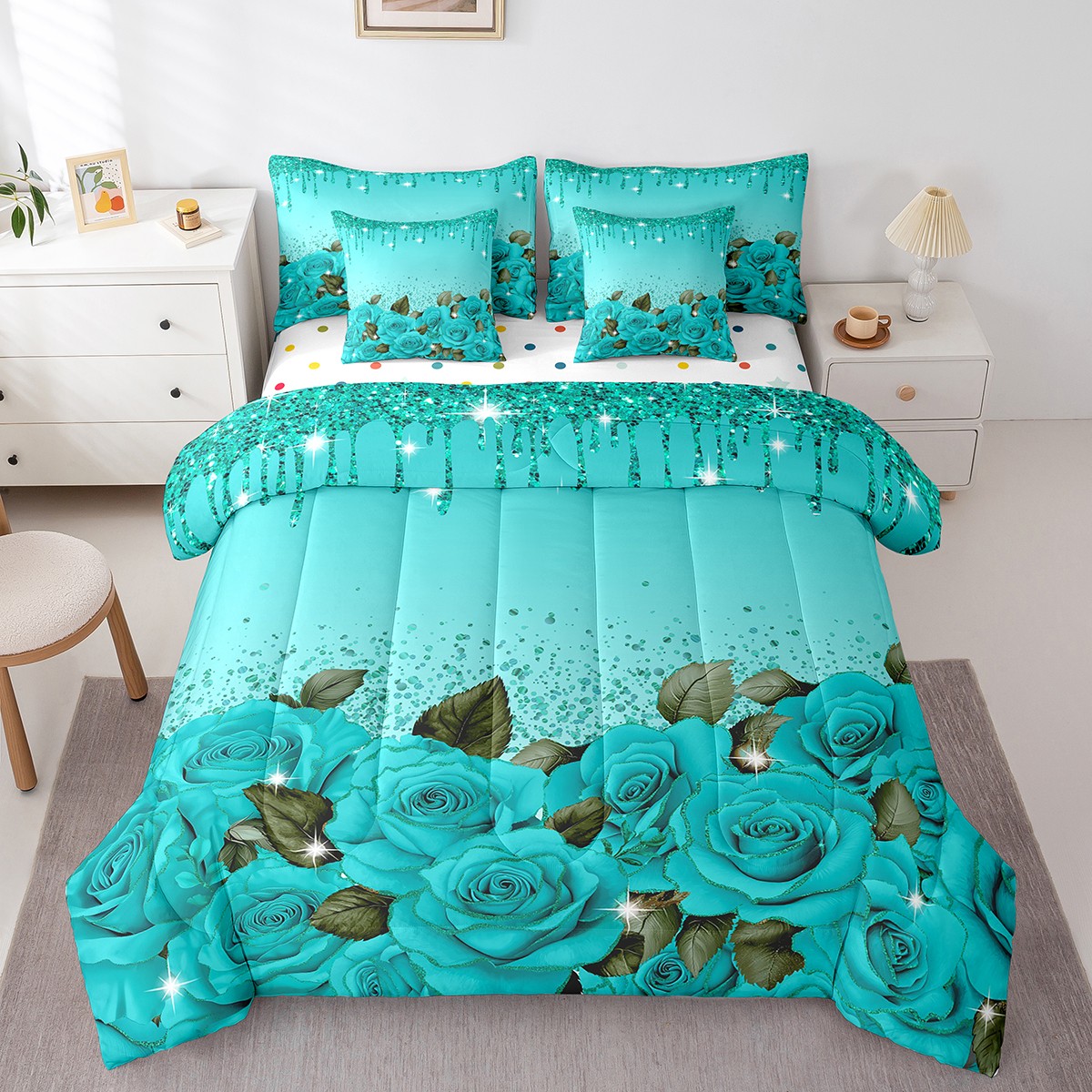 Abstack Sheef Teal Rose Bed in a Bag Queen Comforter Set 7 Piece,Diamond Crystal ...