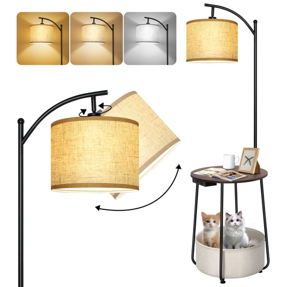 OUTON Lampe sur Pied en Noyer avec Table, Table d'Appoint avec Lampe pour Salon avec Port de Chargement USB et Type‐C, Lampes à Intensité Réglable pour Table de Nuit Intégrée pour Chambre