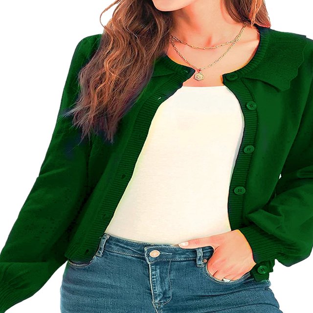 Women Solid Cropped Cardigan Sweater Lantern Sleeve Ruffle Lapel Collar Button Down Knit Outerwear Green M