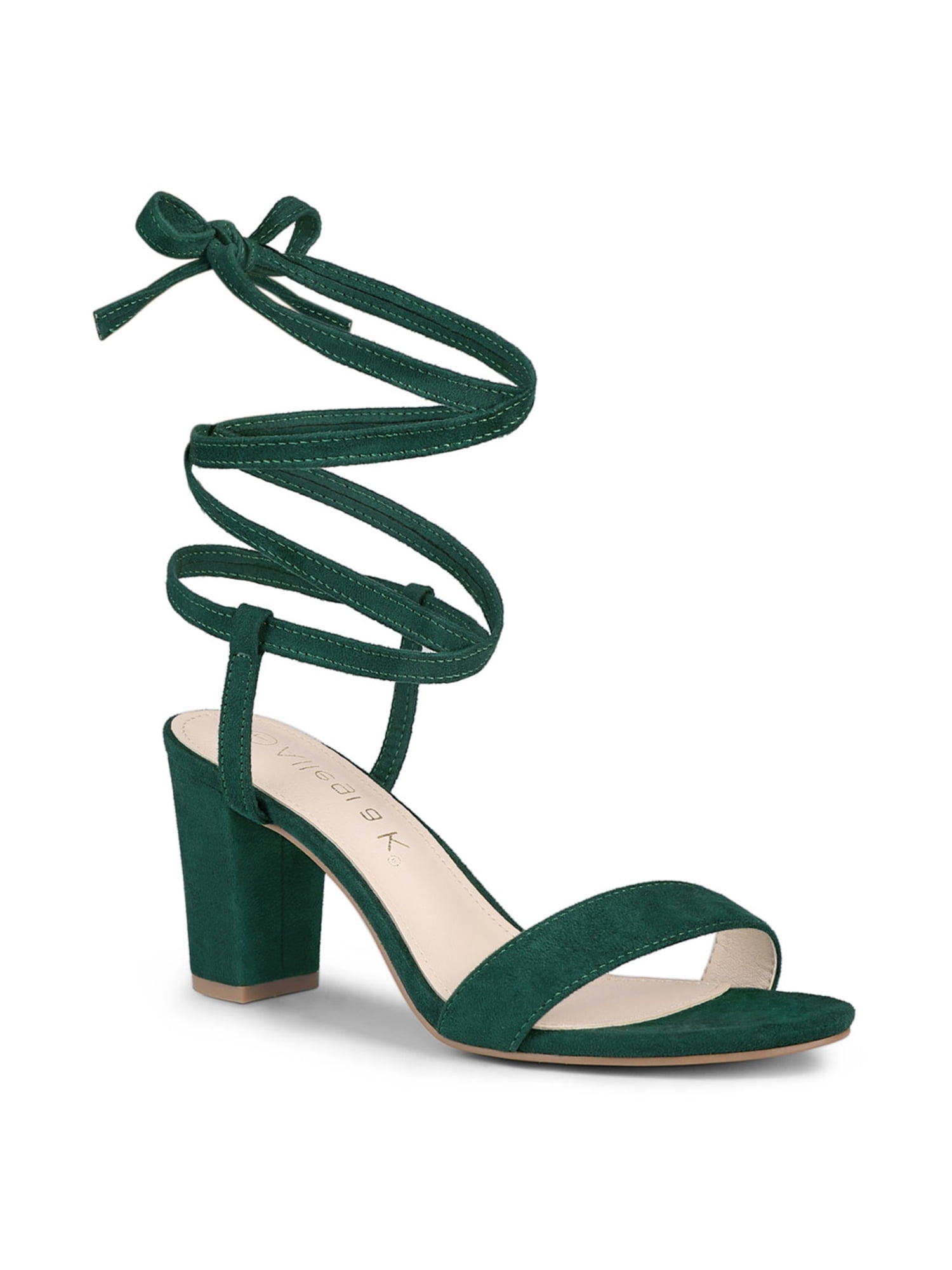 BLISSFUL STEP Women's Open Toe Lace up Block High Heels Sandals Green 8